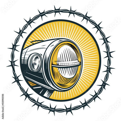 Retro car headlight emblem design; shining beams, radiating light rays, classic barbeque grill texture.