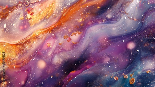 Abstract Colorful Fluid Art with Gold and Purple Swirls and Waves