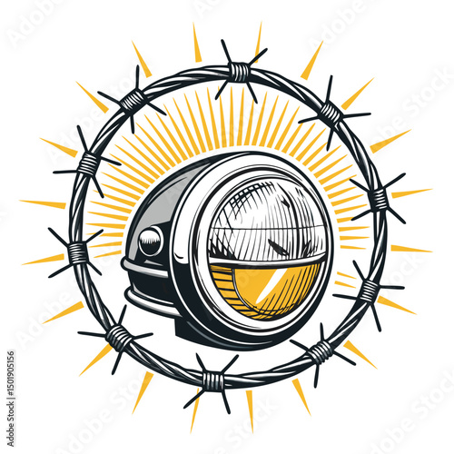 Design a classic car headlight emblem featuring stylized light rays emanating outwards, incorporating a subtle barbeque grill texture within the emblem's design.