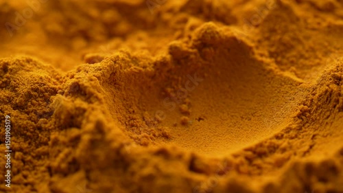 Closeup rotating shot of organic yellow Turmeric spice