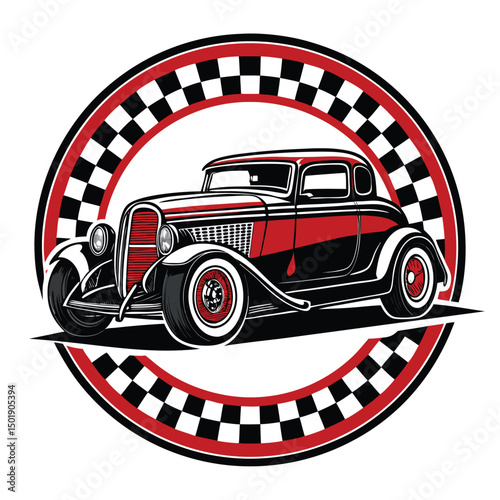 Design a vector logo for a classic hot rod coupe, featuring a checker flag pattern.  The style should be vintage and bold.