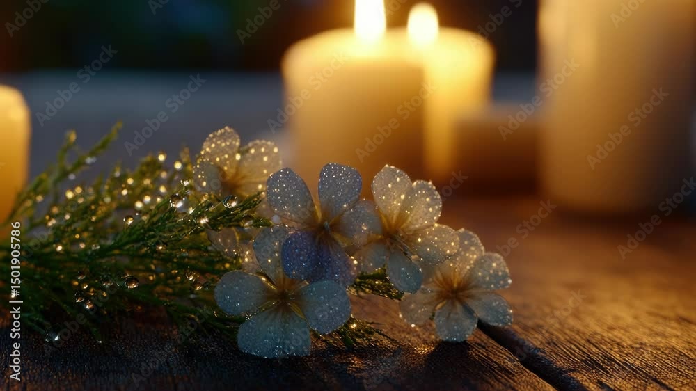 Candlelight illuminates delicate flowers in a wreath, with sparkling embellishments, creating an elegant tableau on a wooden surface.