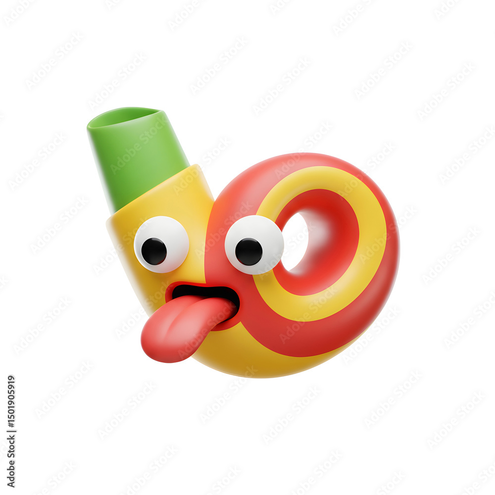 Fototapeta premium A cartoon party blower with a protruding tongue and googly eyes is displayed against a white background, making it a quirky element for festive celebrations.