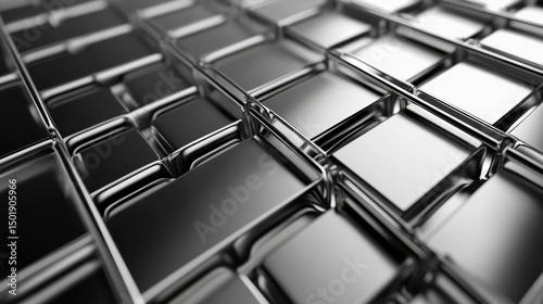 Abstract Metallic Surface with Glossy Black Tiles and Reflection