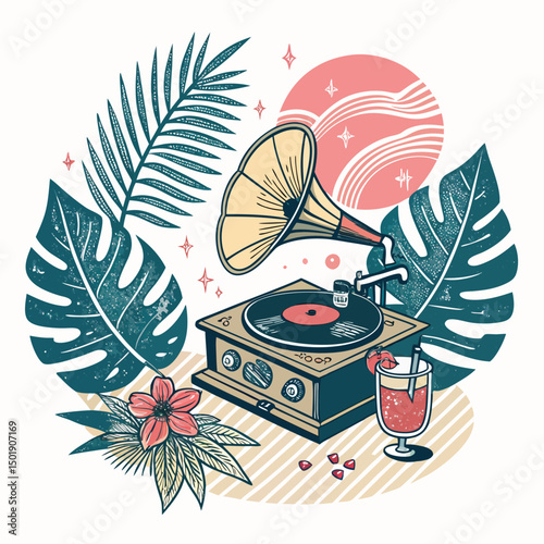 Design a vintage holiday badge featuring a retro record player nestled amongst stylized palm leaves.  Include a festive, 1950s aesthetic.