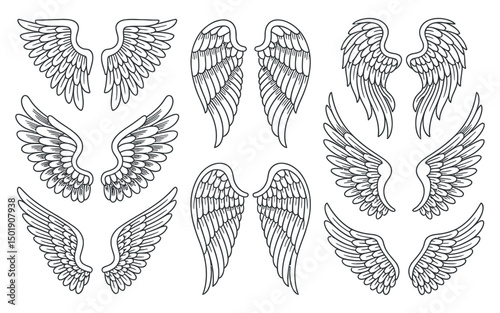 Collection of Ten Detailed Line Art Angel Wings Designs for Various Applications