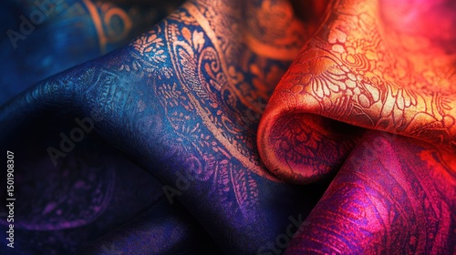 Elegant Fabric Texture with Intricate Golden Patterns and Colors