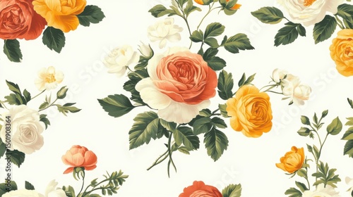 Elegant Floral Pattern with Roses and Green Leaves on Cream Background
