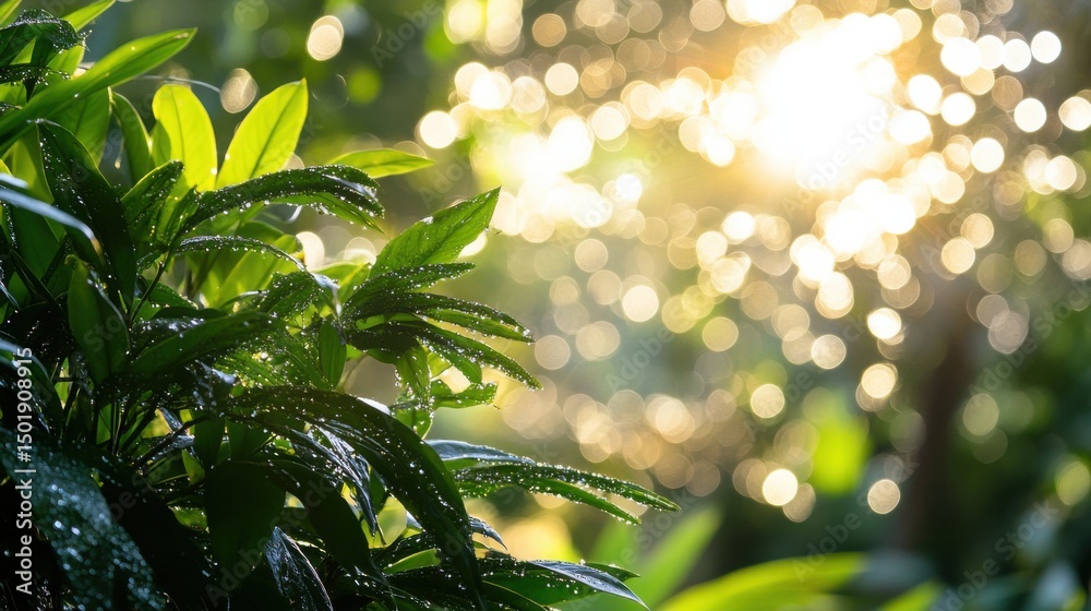 Fototapeta premium Bright Morning Light Shining Through Dewy Green Leaves in Nature