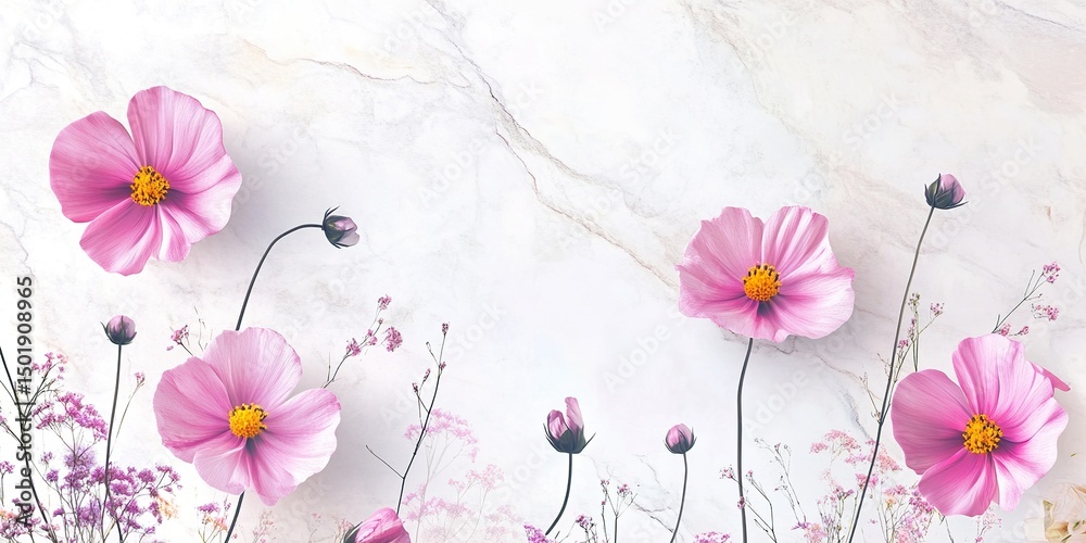 Fototapeta premium Pink cosmos flowers on marble background with delicate floral arrangement