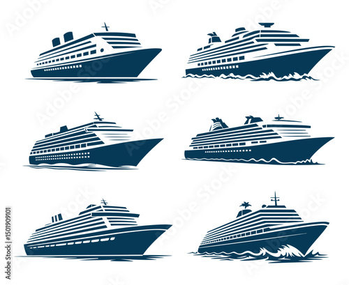 Collection of Six Different Cruise Ship Silhouettes for Travel and Vacation Designs