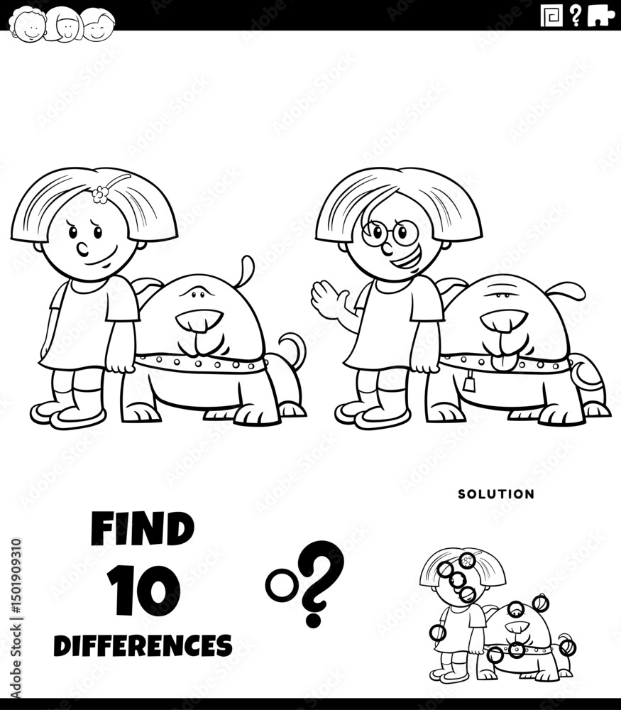 differences puzzle game with cartoon girl and her dog coloring page differences puzzle game with cartoon girl and her dog coloring page