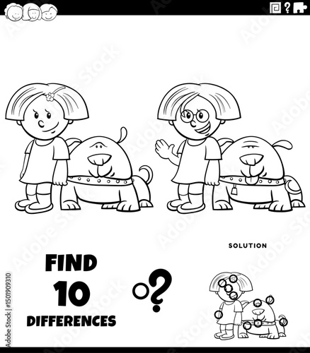 differences puzzle game with cartoon girl and her dog coloring page