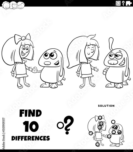 differences puzzle activity with cartoon girl and her puppy coloring page