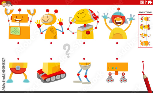 match halves puzzle with cartoon robots or droids characters pictures