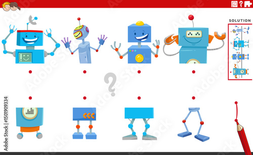 match halves puzzle with cartoon robots characters pictures