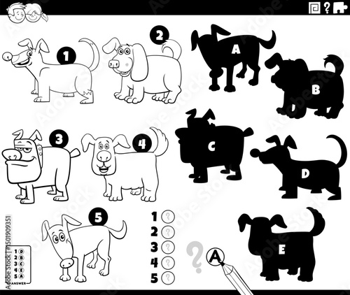 shadows puzzle with cartoon dogs animal characters coloring page
