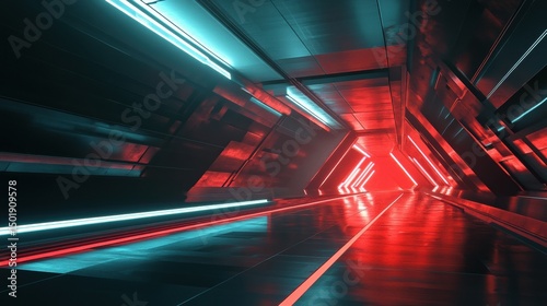 Futuristic Hallway with Neon Lights and Sleek Design Elements