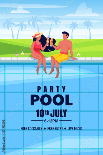 Couple with cocktails on summer pool party. Vector illustration. Man and woman have vacation by the swimming pool
