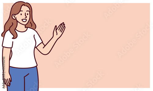 Confident woman standing and pointing forward with smile on face, full body illustration on beige pastel banner background with blank space for text or product placement copy space