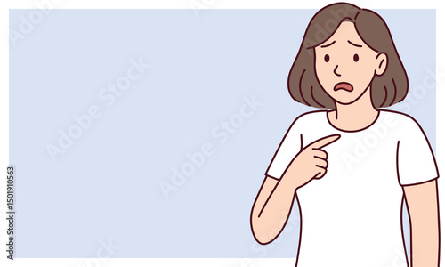 Woman with shocked expression and pointing gesture stands on pastel blue background, banner formatted for digital designs with room for copy or UI overlay. Copy space