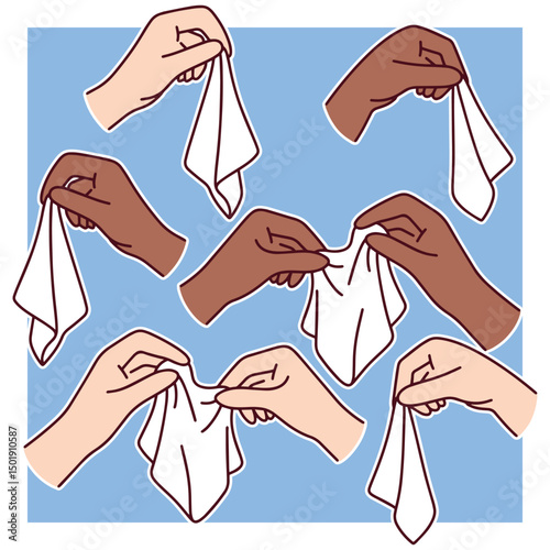 A collection of hands of various skin tones hold and stretch pieces of white fabric, symbolizing unity, care, inclusion, and domestic responsibility. Strong visual for diversity in everyday actions