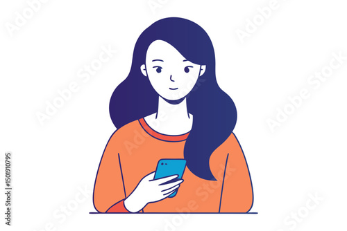 Line Drawing of Young Woman on Her Phone