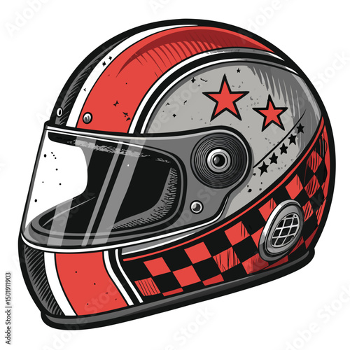 Design a gritty, realistic drag racing helmet crest featuring a distressed visor reflecting a fiery track scene.  Include vibrant, metallic details.