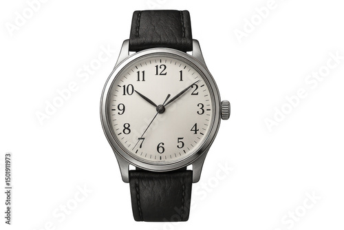 Vintage analog wristwatch featuring black leather band, white chronograph face, resting against clean transparent backdrop