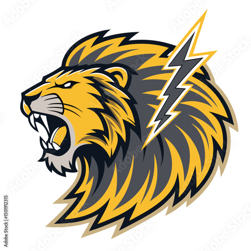 A fierce, roaring lion in varsity jacket style, crackling with electric blue bolts; bold lines, vibrant colors, dynamic pose.