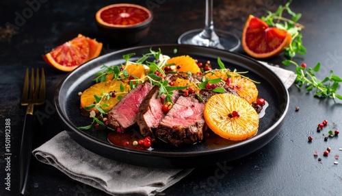 Gourmet steak dinner contemporary restaurant food photography dark atmosphere top-down view culinary art