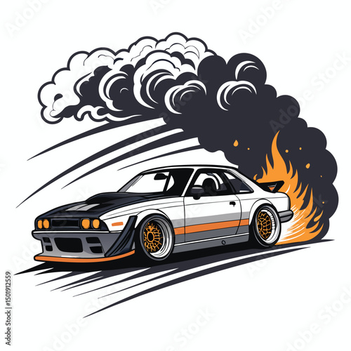 Design a vector logo for a drift racing team featuring a flaming tire skidding around a sharp corner.  The style should be aggressive and dynamic.