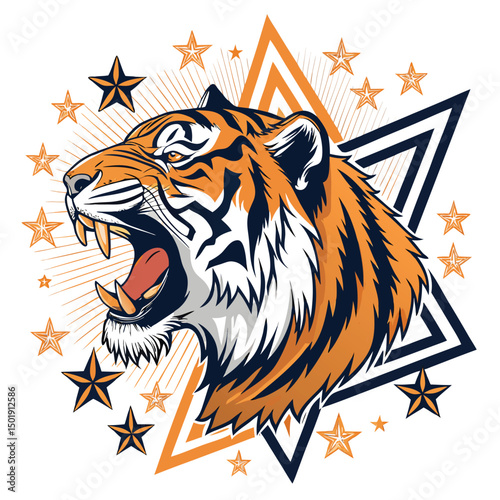 Create a striking image of a roaring tiger's head against a vibrant, geometric background.  The style should be bold and graphic.