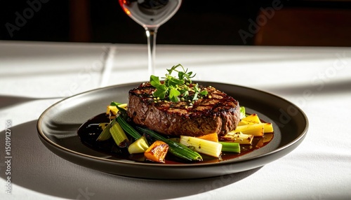 Gourmet steak preparation fine dining restaurant culinary art elegant ambiance close-up view savory experience