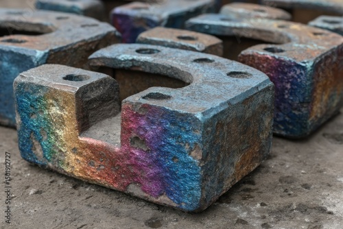 Colorful Rusty Metal Blocks with Holes Industrial Art and Design Elements for Creative Project