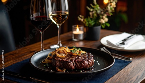 Gourmet steak dining experience fine restaurant culinary photography elegant setting close-up indulgent cuisine