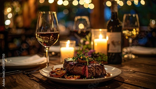 Savoring a gourmet steak dinner rustic restaurant food photography warm ambiance close-up culinary experience