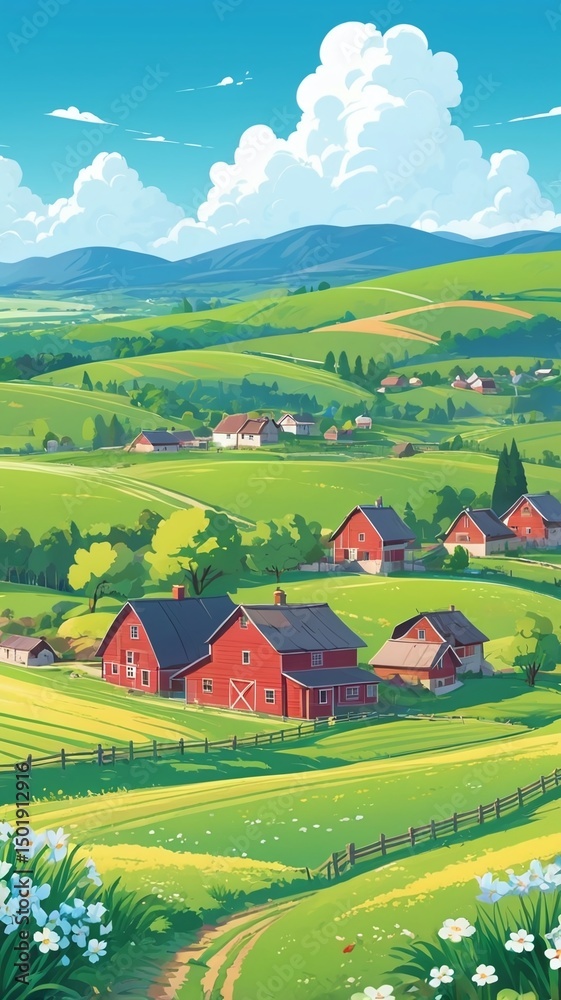Naklejka premium Vibrant Summer Landscape Rolling Hills, Red Barns, and Lush Green Fields