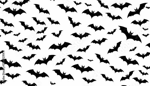 Black Bats Flying on White Background Seamless Pattern