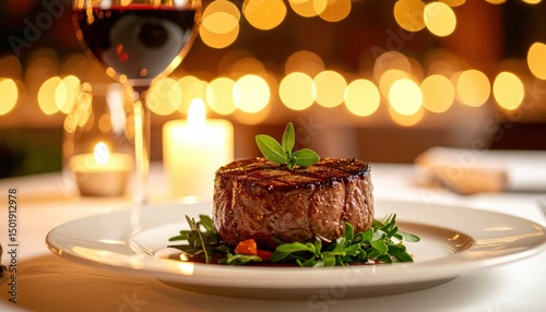 Fine dining experience gourmet steak dinner elegant restaurant culinary delight romantic ambiance close-up luxury cuisine