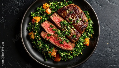 Grilled steak and kale salad recipe home kitchen food photography rustic setting top-down view healthy eating