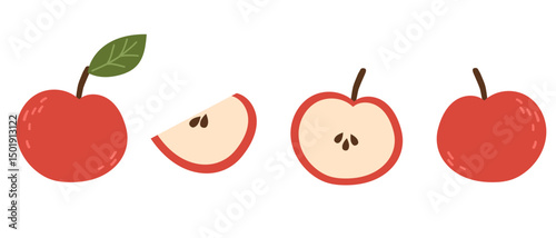 Red apple set vector illustration. Cartoon isolated whole delicious juicy fruit and cut into portion slices, half and quarter pieces and organic fruity apple
