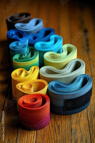 Colorful Resistance Bands Arranged on Wooden Surface for Fitness and Exercise