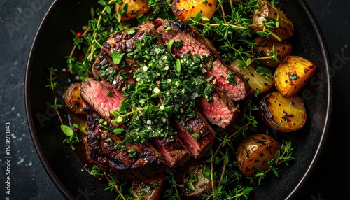 Grilled steak meal rustic kitchen food photography warm lighting close-up culinary delight