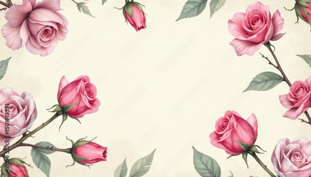 Fototapeta premium Delicate watercolor rosebuds repeat on vintage background, surface, pretty