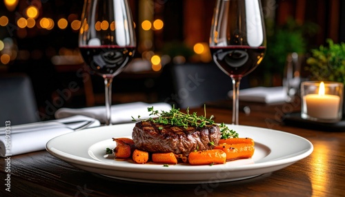 Savoring gourmet steak dinner upscale restaurant fine dining elegant atmosphere close-up view culinary experience