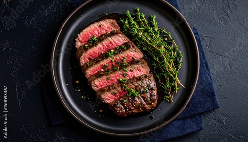Sizzling steak preparation gourmet kitchen food photography dark ambiance close-up culinary art