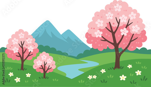 The landscape of blooming trees in spring is a beautiful sight, with flowering trees set against a stunning backdrop of mountains and a river