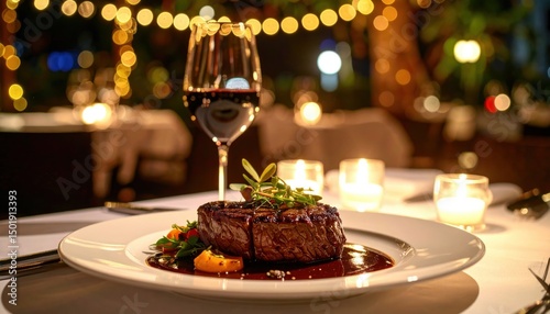 Gourmet steak dinner fine dining restaurant culinary experience romantic ambiance close-up view food presentation