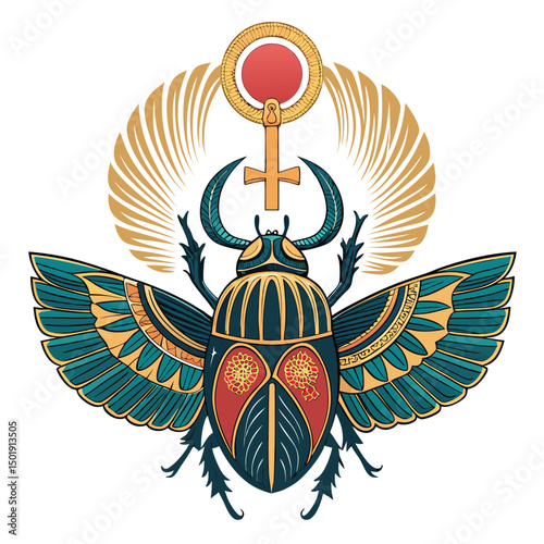 A majestic scarab beetle, wings outstretched, carefully holds aloft a radiant sun disk above an ankh symbol, representing ancient Egyptian life and rebirth.